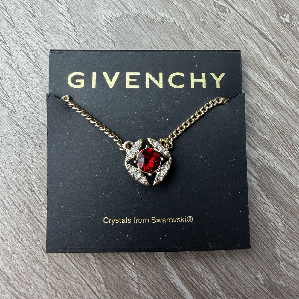 GIVENCHY Gold Tone Red Swarovski Crystal Statement Pendant Necklace New
